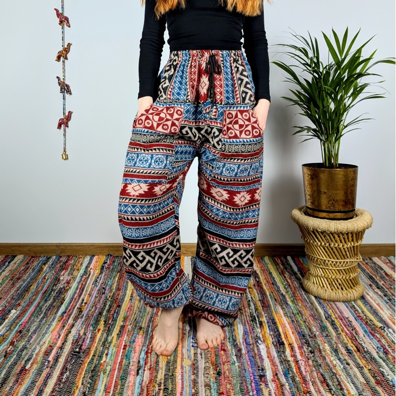 ciepłe spodnie NANDA - niebiesko-czerwone | indie