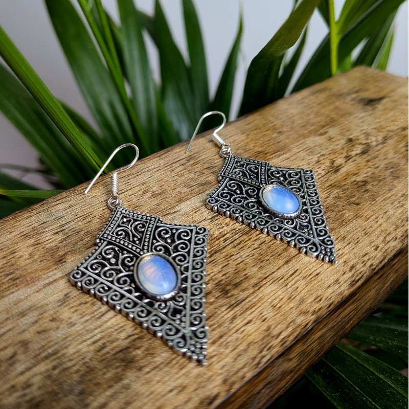 kolczyki romby mosiądz srebro kamień księżycowy etno | indie