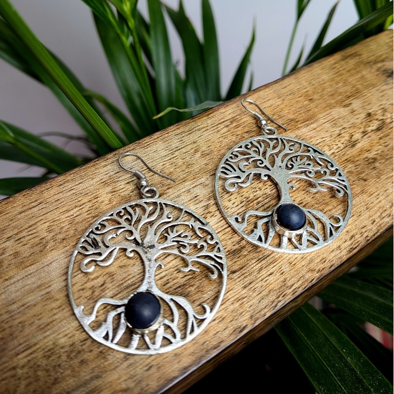 kolczyki drzewo życia mosiądz srebro lawa wulkaniczna etno | indie