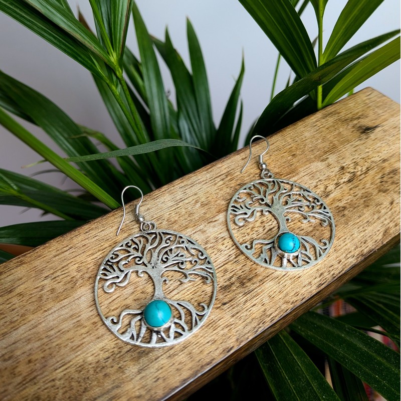 kolczyki drzewo życia mosiądz srebro turkus etno | indie